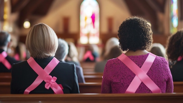 Photo vibrant church congregation wearing pink ribbons to promote unity and awareness