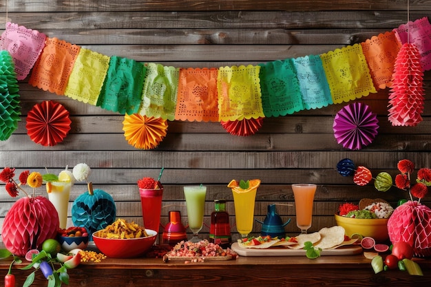 Vibrant Cinco de Mayo Celebration Setup with Pinatas Papel Picado and Traditional Mexican Food