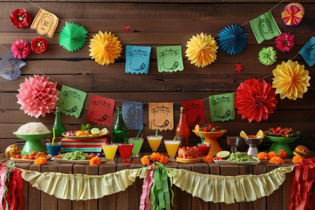 Photo vibrant cinco de mayo celebration setup with pinatas papel picado and traditional mexican food