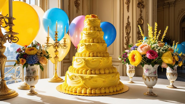 Photo a vibrant cinematic photograph of a majestic yellow birthday cake