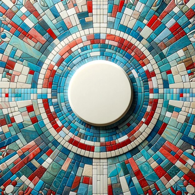 Vibrant Circular Mosaic Art Red Blue and White Tiles