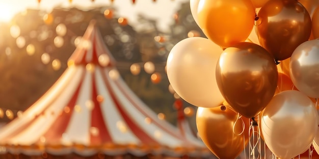 Vibrant circus tent and festive balloons adding to the joyful atmosphere outdoors Concept Circus Theme Festive Balloons Outdoor Photoshoot Joyful Atmosphere