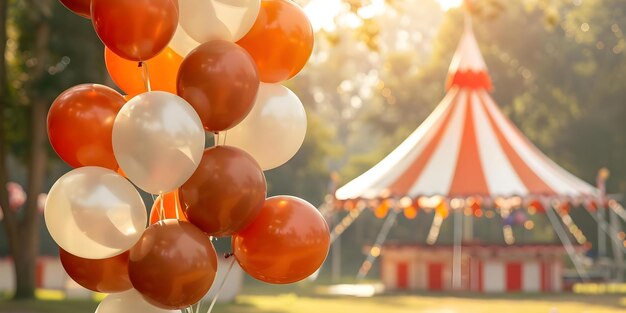 Vibrant circus tent with festive balloons creating a joyful atmosphere outside Concept Outdoor Photoshoot Colorful Props Circus Tent Festive Balloons Joyful Atmosphere