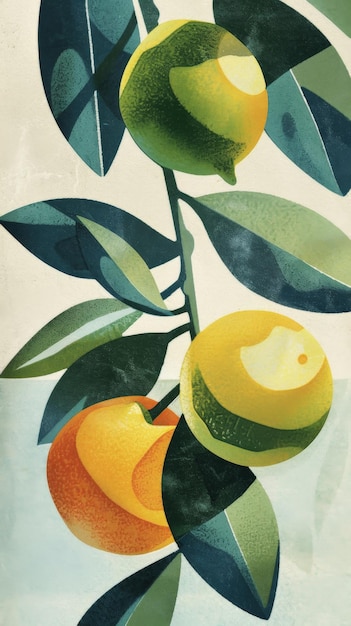 A vibrant citrus branch with three ripe fruits bathed in warm sunlight