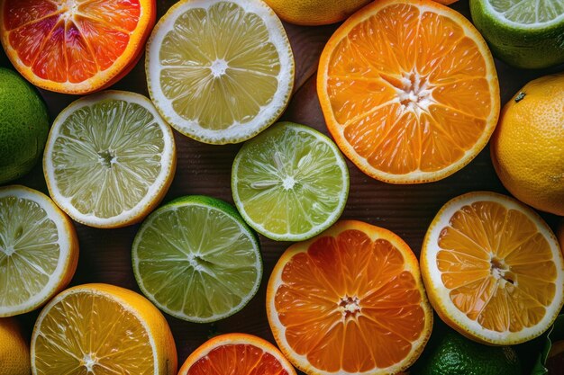 Vibrant citrus fruit assortment on wooden surface