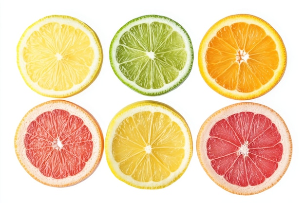 Photo vibrant citrus fruit slices on white background grapefruit orange lemon lime top view photography