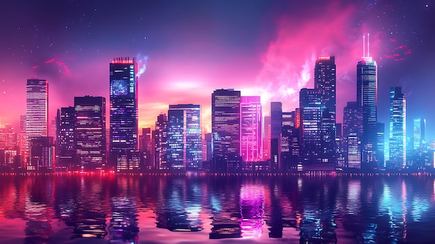 Photo vibrant city skyline at dusk with neon lights reflecting on water