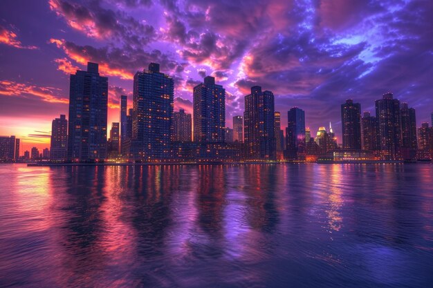 vibrant city skyline at dusk with skyscrapers reflected in the rippling bay water