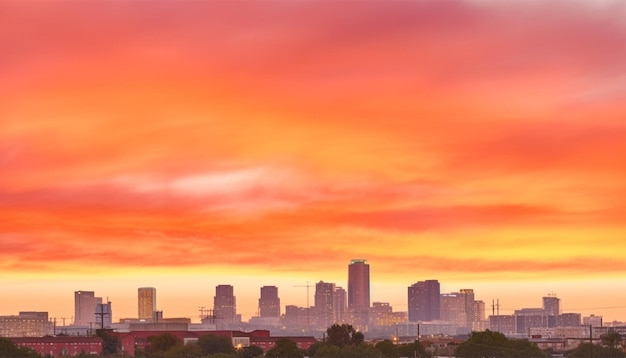 Photo vibrant city skyline illuminated by dramatic sunset over modern skyscrapers generated by ai