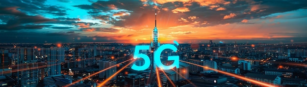 Photo a vibrant city skyline illuminated at sunset with a 5g network symbol representing advanced wireless