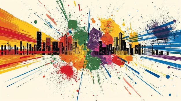 Photo a vibrant city skyline illustration with colorful splashes and abstract elements