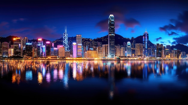 A vibrant city skyline at night with lights reflecting on the water of a nearby harbor