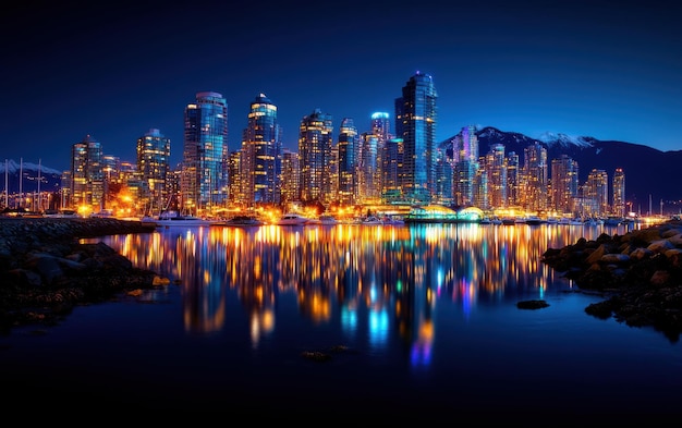 A vibrant city skyline at night with lights reflecting on the water of a nearby harbor