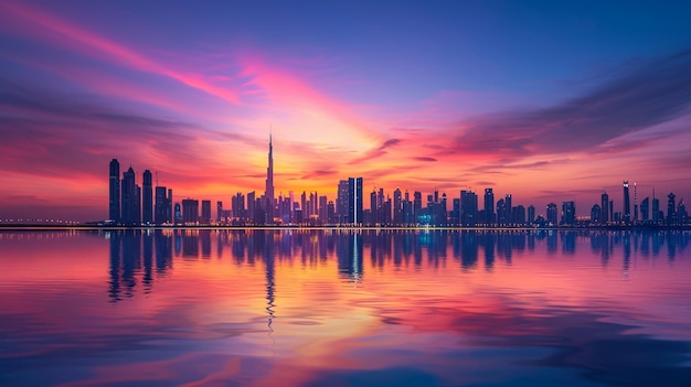 Vibrant City Skyline Reflection at Colorful Sunset