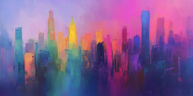 A vibrant city skyline at sunset with colorful hues and abstract forms