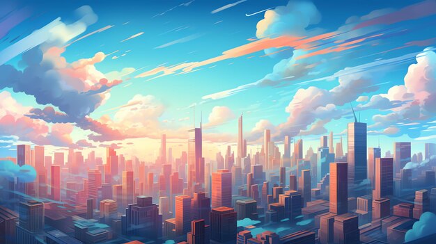 Photo vibrant city skyline with puffy clouds