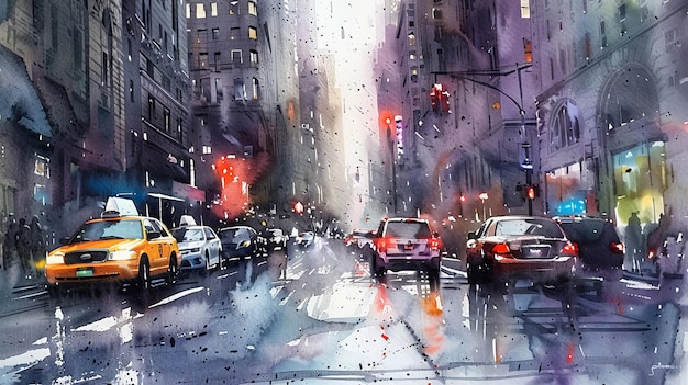 Vibrant city street after rain with colorful lights and busy traffic captured in an artistic watercolor style