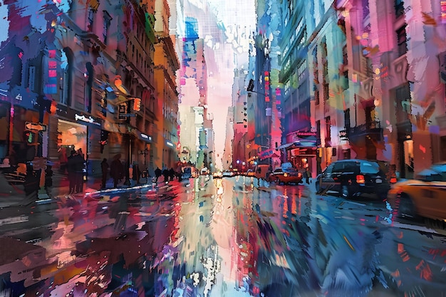 Vibrant city street with abstract reflections and colorful lights capturing the dynamic energy and atmosphere of urban life