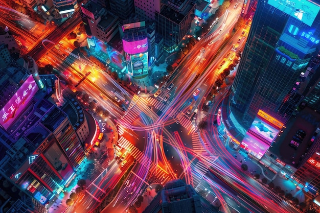 Vibrant cityscape aerial view with bright lights and busy intersection