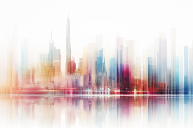 A vibrant cityscape at dawn with a blurry background