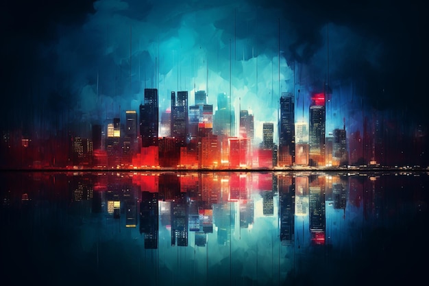 A vibrant cityscape at dawn with a blurry background