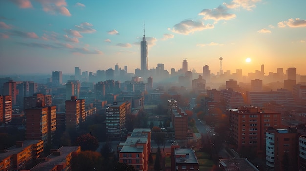 Vibrant Cityscape at Dazzling Dusk with Towering Skyscrapers and Dramatic Sky