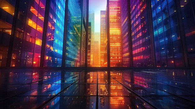 Vibrant cityscape at dusk with illuminated skyscrapers and a reflective glass floor creating a mesme