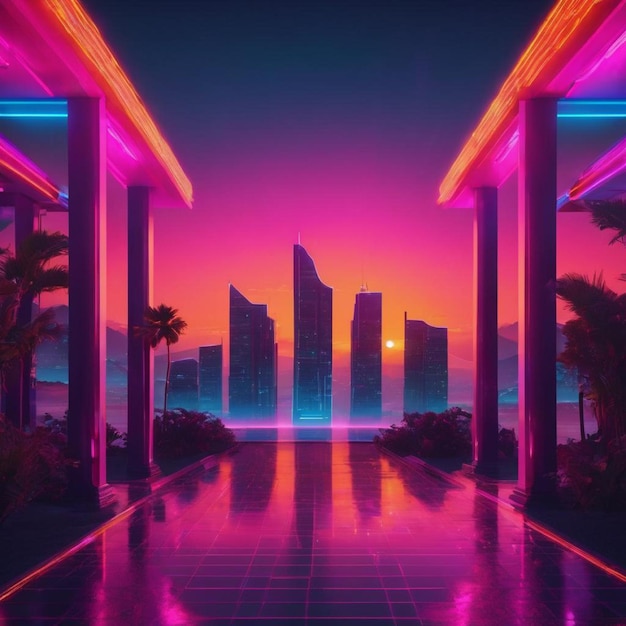 a vibrant cityscape illuminated by neon lights adorned with palm trees and a fountain