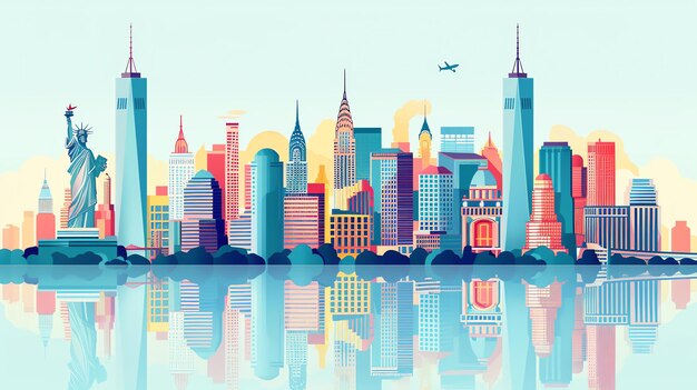 A vibrant cityscape illustration of New York City featuring the Statue of Liberty skyscrapers and an airplane