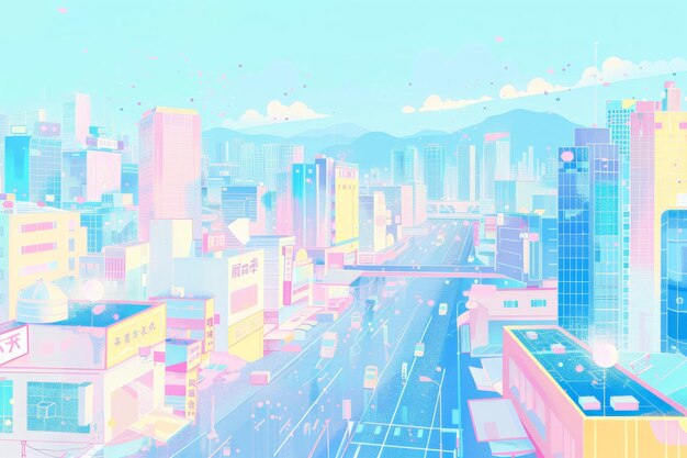 Vibrant cityscape illustration with pastel colors showcasing modern buildings and a bustling urban environment