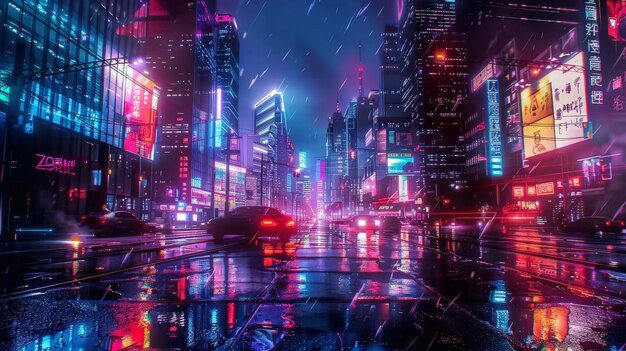 Photo a vibrant cityscape at night illuminated with neon lights and reflections on wet streets creating a stunning urban atmosphere