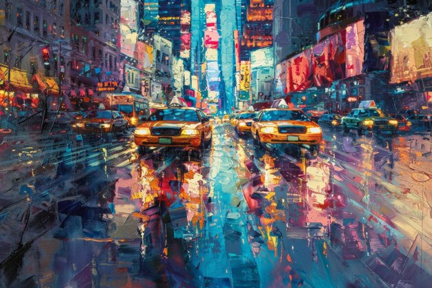 Vibrant cityscape at night with bright lights reflecting on wet streets showcasing bustling urban life and taxis in motion