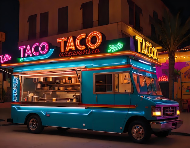 A vibrant cityscape at night with neon signs advertising taco trucks and taquerias