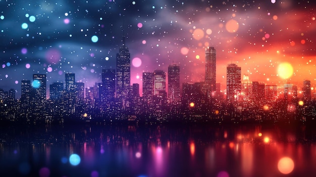 A vibrant cityscape at night with a starry sky and colorful lights reflecting in the water