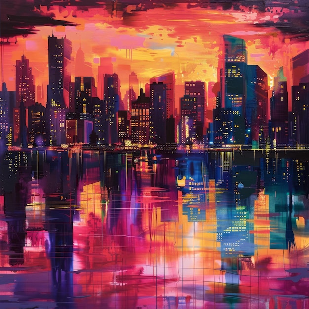 Vibrant cityscape reflection with sunset sky