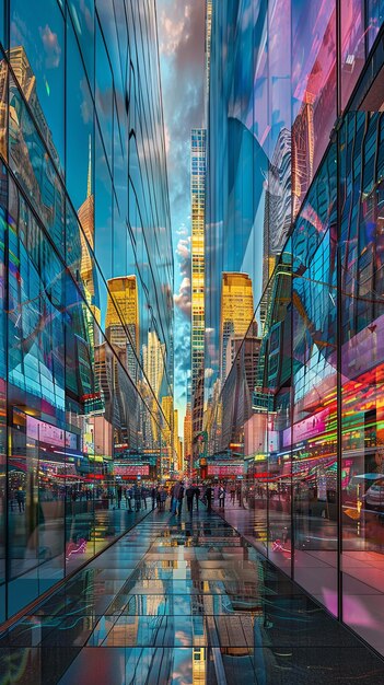 Vibrant Cityscape Reflections in Glass Building