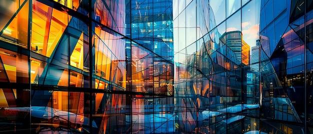 Vibrant Cityscape Reflections in Glass Building