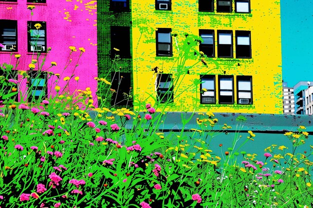 Photo vibrant cityscape with flowers blooming in front of colorful brick buildings