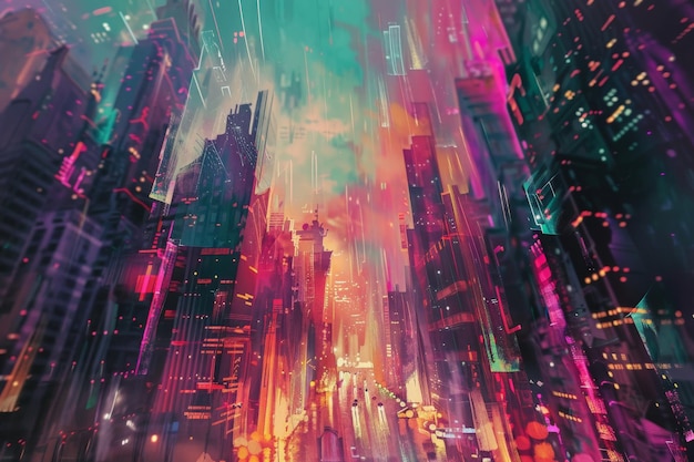 Vibrant cityscape with neon lights and futuristic skyscrapers creating a colorful dynamic urban atmosphere