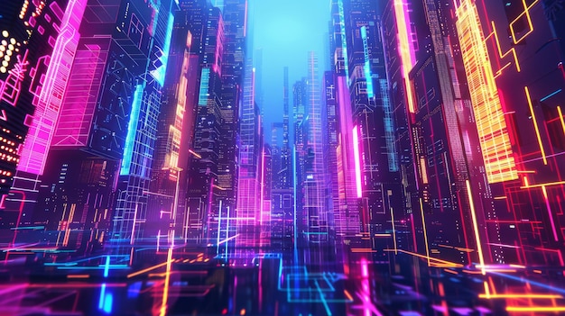 A vibrant cityscape with towering skyscrapers made of neon light tubes and glowing circuits