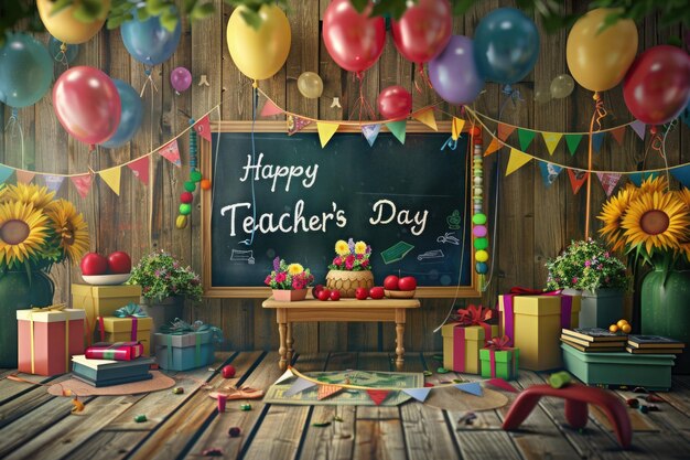 Photo vibrant classroom celebration with balloons flowers and gifts for teachers day