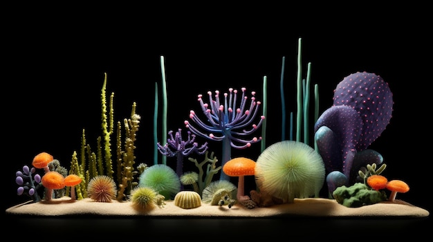 Photo vibrant close up 3d render of colorful ocean corals sea urchins anemones and tropical fish