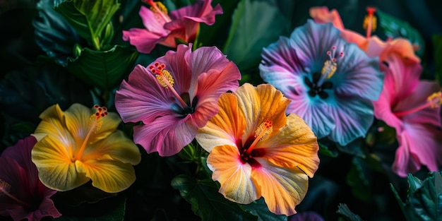 Vibrant Close up of Colorful Hibiscus Flowers in Bloom Nature Floral Garden