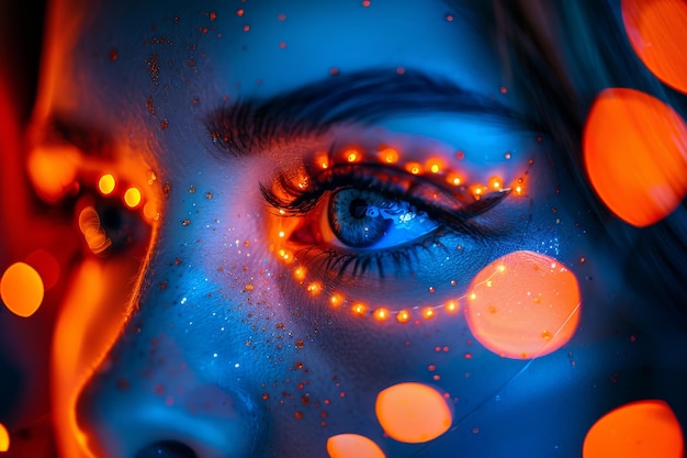 Vibrant close up of an eye with blue and orange neon reflections embodying urban nightlife and vivi