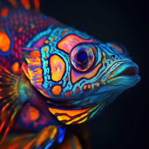 Photo vibrant closeup of a colorful fish showcasing striking patterns and colors against a dark background in aquatic habitat