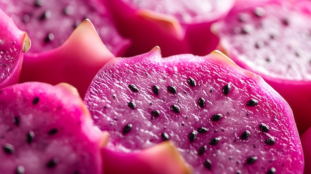 Photo vibrant closeup of dragon fruit macro photography vivid pink exterior white flesh with black seeds t