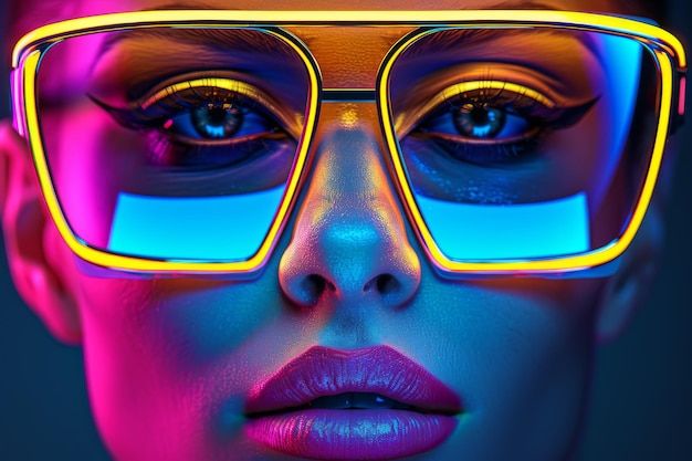 Vibrant closeup of a face with neoncolored glasses highlighting modern fashion and bold contempor