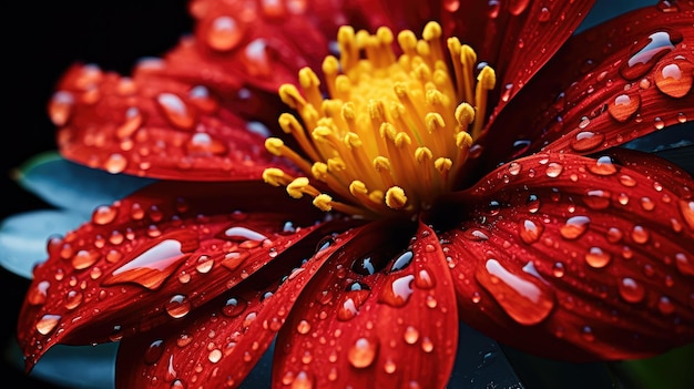 Vibrant Closeup Flower with Water Droplets on Petals against a Soft Blue Background