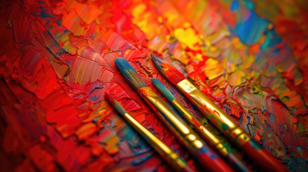 A vibrant closeup of paintbrushes lying on a textured canvas covered with strokes