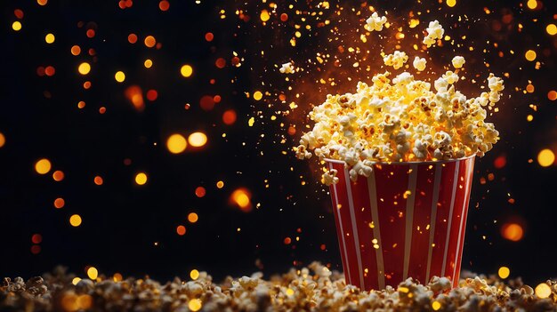 Photo a vibrant closeup of popcorn bursting from a striped bucket creating a festive and playful atmosphere against a blurred background